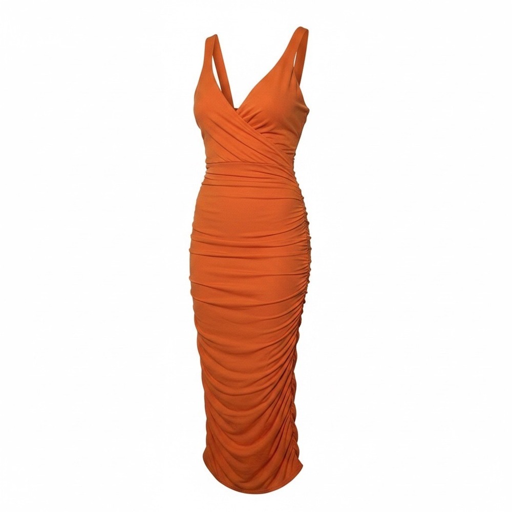 Ruched Bodycon Midi Dress Women L Orange Surplice Neck Side Slit